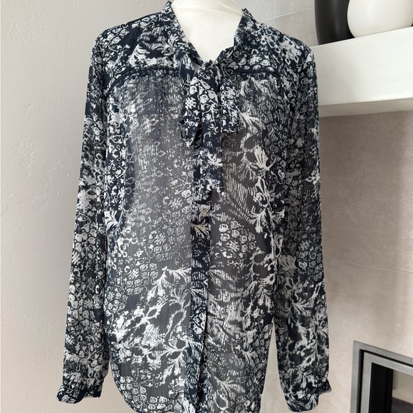 NYDJ Floral Sheer Button-Up Blouse with tie at neck. - Picture 1 of 8